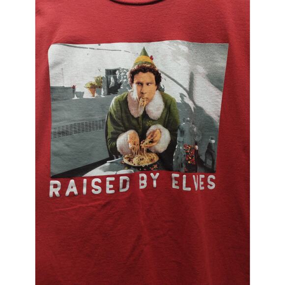 ELF Men's Size XXL Red Graphic T-Shirt Raised By Elves Christmas Holiday Tee - Picture 2 of 4